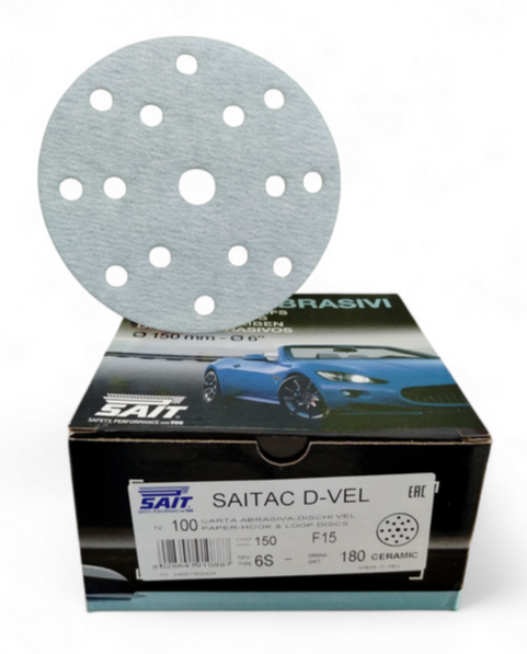 Discuri abrazive cu velcro Ø150 cu mineral ceramic, 15 gauri pentru aspitare, granulatie P180